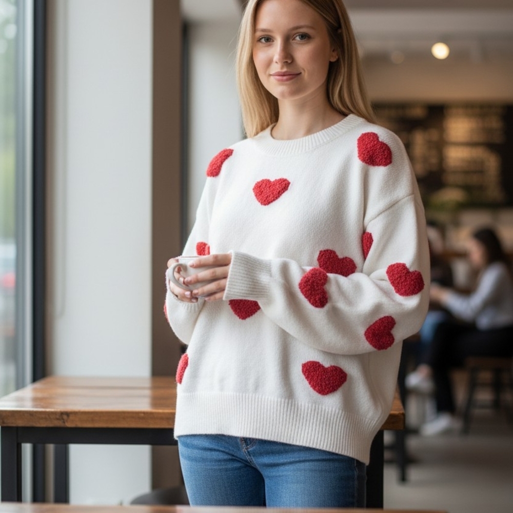 White Crewneck Sweater with Red Heart Appliqués - Women's Cozy Pullover